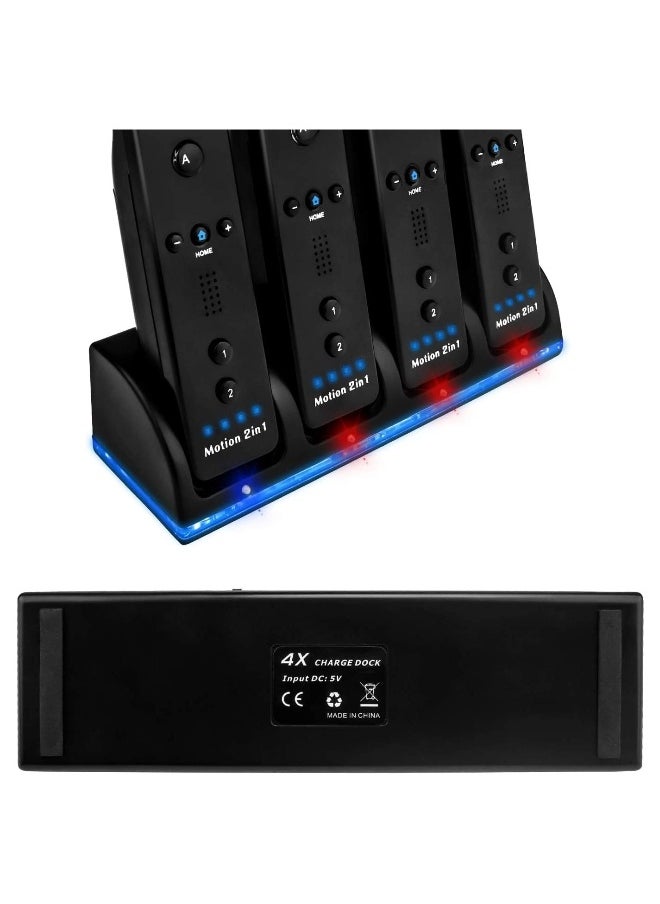 محطة شحن مطورة لأجهزة تحكم Wii مع 4 منافذ، تتضمن 4 بطاريات، كابل شحن USB، وف indicator LED - متوافقة مع أجهزة تحكم Nintendo Wii