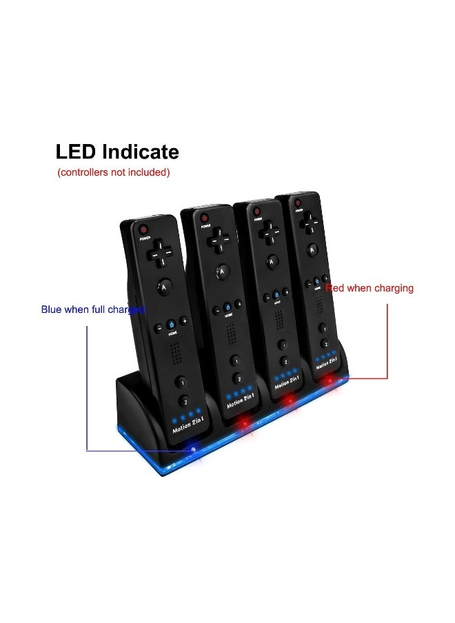 محطة شحن مطورة لأجهزة تحكم Wii مع 4 منافذ، تتضمن 4 بطاريات، كابل شحن USB، وف indicator LED - متوافقة مع أجهزة تحكم Nintendo Wii