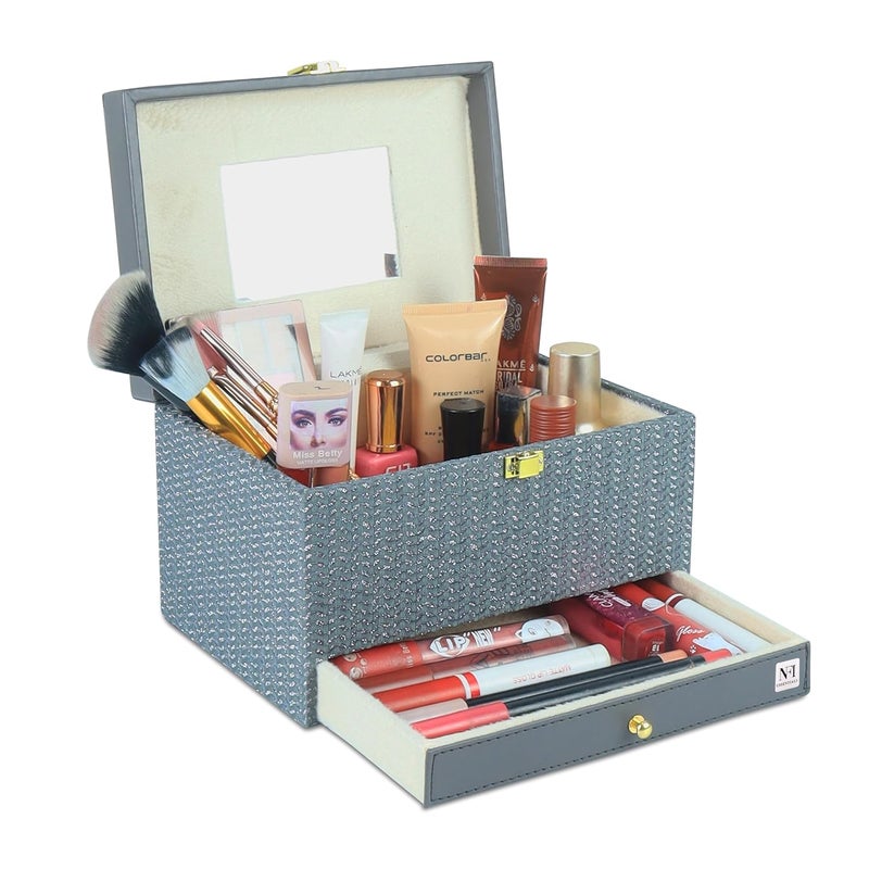 NFI essentials Makeup Bag Cosmetic Box Jewelry Bridal Box Make up Box Trousseau Box Vanity Beauty Case Organizer for Wedding Makeup Big Box (Grey) - Image 2