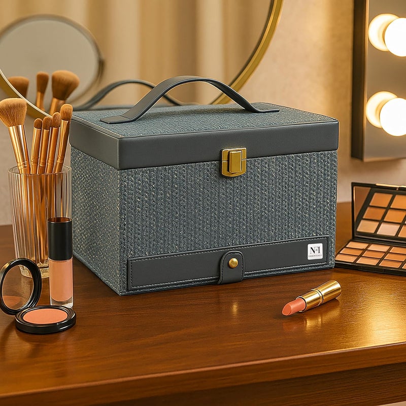 NFI essentials Makeup Bag Cosmetic Box Jewelry Bridal Box Make up Box Trousseau Box Vanity Beauty Case Organizer for Wedding Makeup Big Box (Grey) - Image 5