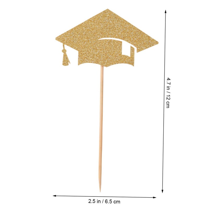 24 Gold Glitter Graduation Cap Cake Toppers For Graduation Party Birthday Cake Decoration - Image 3