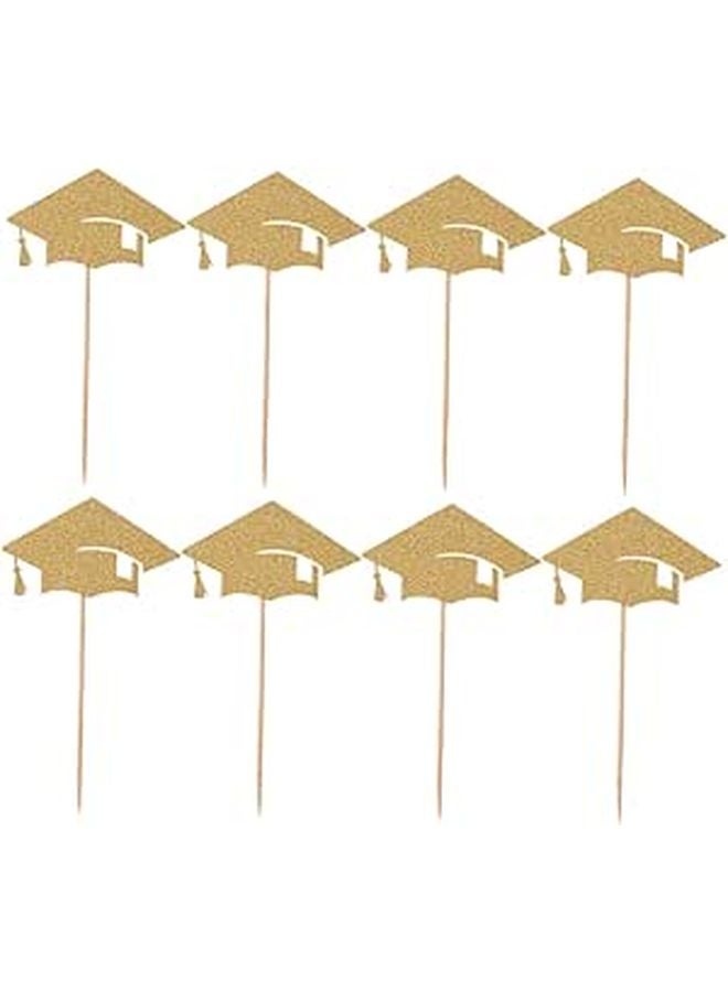 24 Gold Glitter Graduation Cap Cake Toppers For Graduation Party Birthday Cake Decoration - Image 1