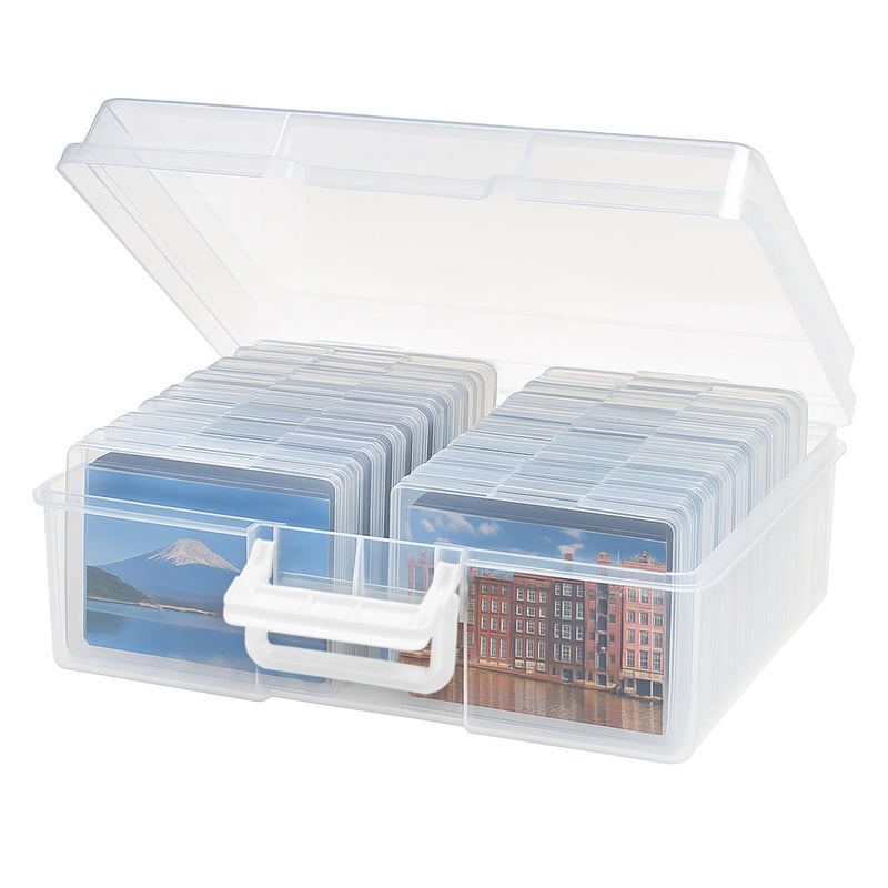 IRIS USA 4 x 6 Photo Storage Box Craft Keeper Transparent Handle Container with 16 Organization Cases For Pictures Crafts Scrapbooking Stationery Storage and Organization Clear
