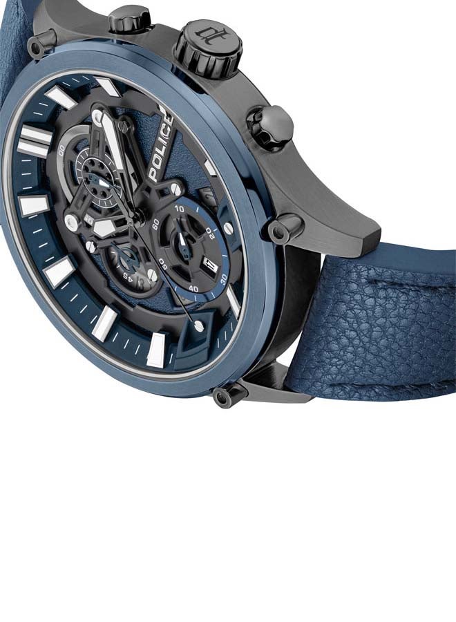 POLICE Men Wadden 45mm Chronograph Watch with Blue Leather Strap, Quartz Movement, Screw-Detailed Dial - Image 4