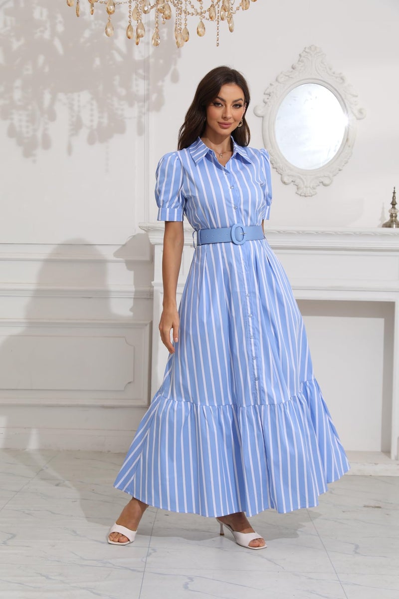 utcoco Womens Striped Button Down Shirt Dress Casual Puff Short Sleeve Ruffle Hem Maxi Dresses with Belt (X-Large, Blue) - Image 2