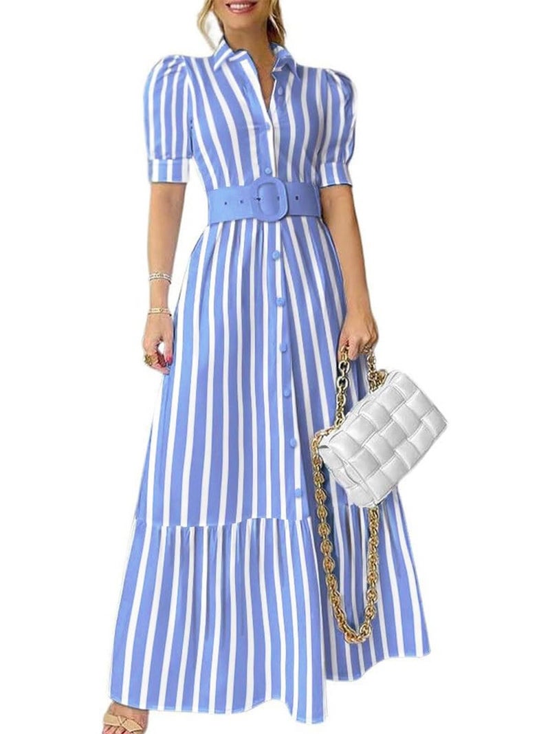 utcoco Womens Striped Button Down Shirt Dress Casual Puff Short Sleeve Ruffle Hem Maxi Dresses with Belt (X-Large, Blue) - Image 1
