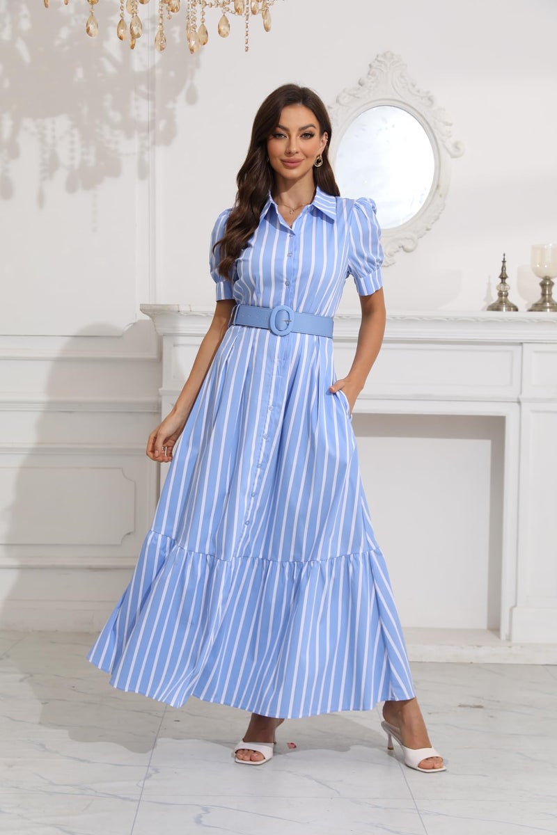 utcoco Womens Striped Button Down Shirt Dress Casual Puff Short Sleeve Ruffle Hem Maxi Dresses with Belt (X-Large, Blue) - Image 3