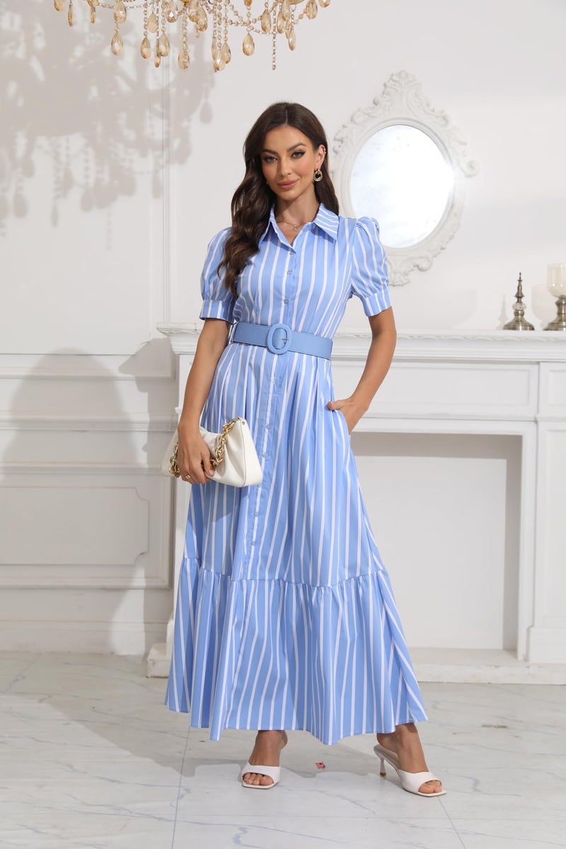 utcoco Womens Striped Button Down Shirt Dress Casual Puff Short Sleeve Ruffle Hem Maxi Dresses with Belt (X-Large, Blue) - Image 5