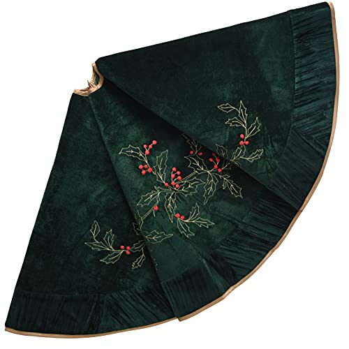 ONGLYP X.Sem Holly Leaf Embroidered Velvet Christmas Tree Skirt with Pleat Velvet Border 50'' (Dark Green, 50 inch) - Image 1