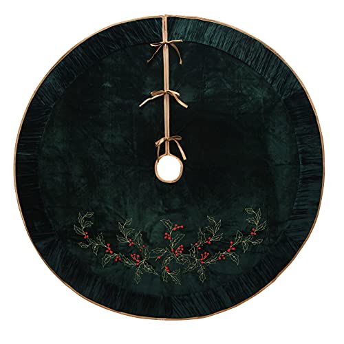 ONGLYP X.Sem Holly Leaf Embroidered Velvet Christmas Tree Skirt with Pleat Velvet Border 50'' (Dark Green, 50 inch) - Image 3