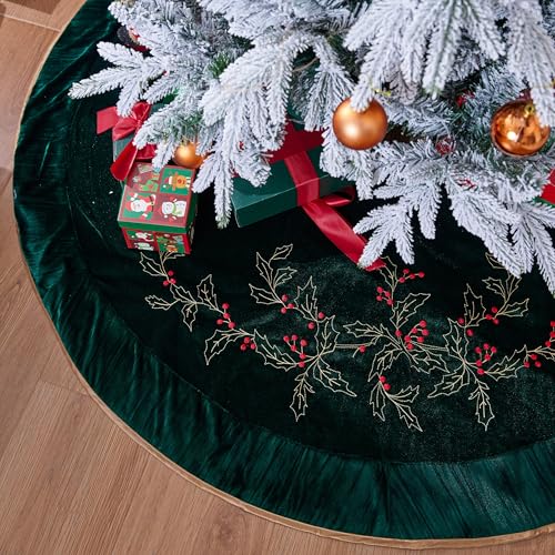 ONGLYP X.Sem Holly Leaf Embroidered Velvet Christmas Tree Skirt with Pleat Velvet Border 50'' (Dark Green, 50 inch) - Image 4