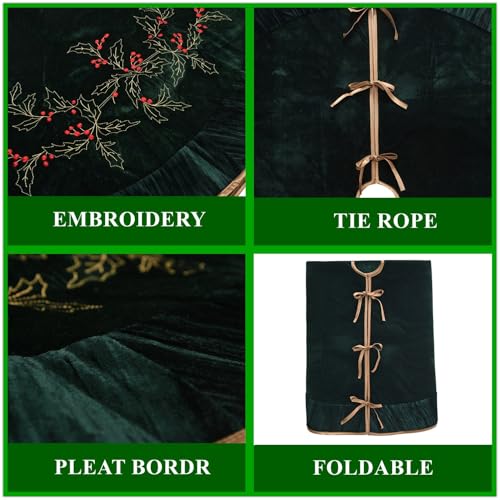 ONGLYP X.Sem Holly Leaf Embroidered Velvet Christmas Tree Skirt with Pleat Velvet Border 50'' (Dark Green, 50 inch) - Image 5