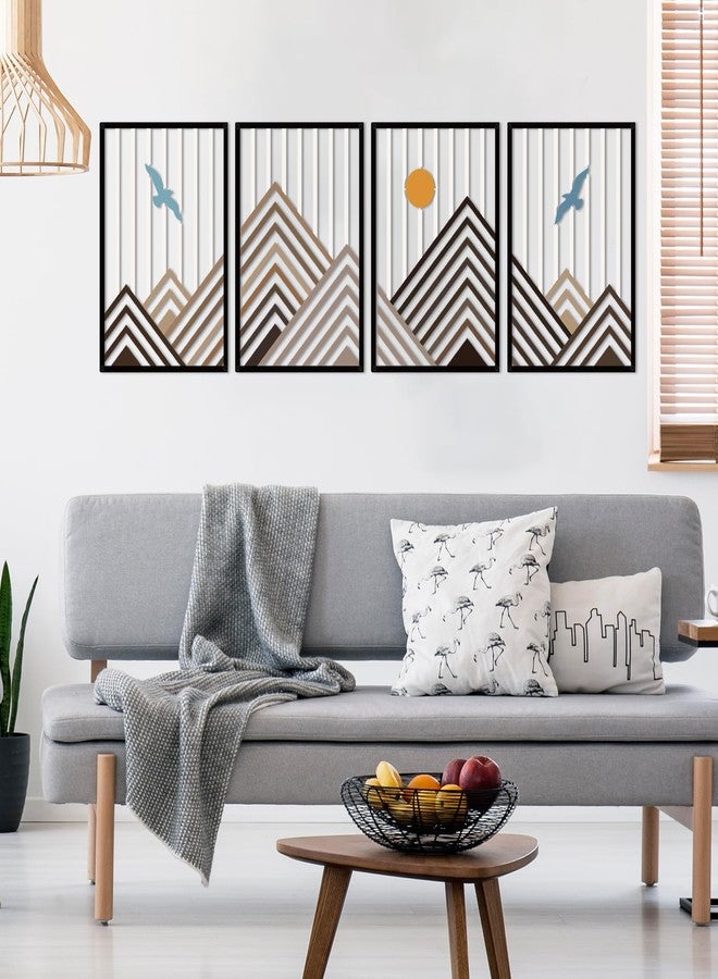 مجموعة ريساما الفنية الجدارية المكونة من 4 قطع، بتصميم جبلي هندسي، وديكور جداري معدني مستوحى من الطبيعة يضم طائرًا وشمسًا، ومنحوتة جدارية حديثة تجريدية لسلسلة جبال، مناسبة لغرفة المعيشة وغرفة النوم، وديكور منزلي بسيط. - Image 3