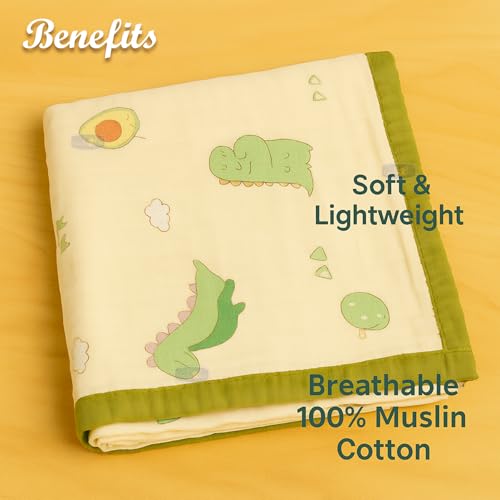 Koochie-Koo Organic Cotton Baby Swaddle Blanket 100% Muslin 6 Layer Soft Breathable Swaddle Wrap for Newborns Toddlers Unisex Receiving Blanket for Boys & Girls - 110x110cm Dinosaur Print - Image 4