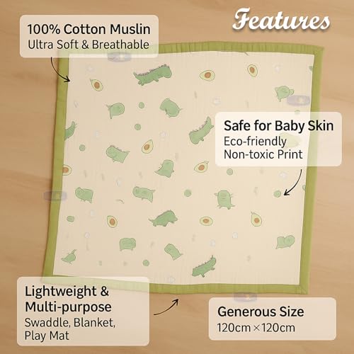 Koochie-Koo Organic Cotton Baby Swaddle Blanket 100% Muslin 6 Layer Soft Breathable Swaddle Wrap for Newborns Toddlers Unisex Receiving Blanket for Boys & Girls - 110x110cm Dinosaur Print - Image 3