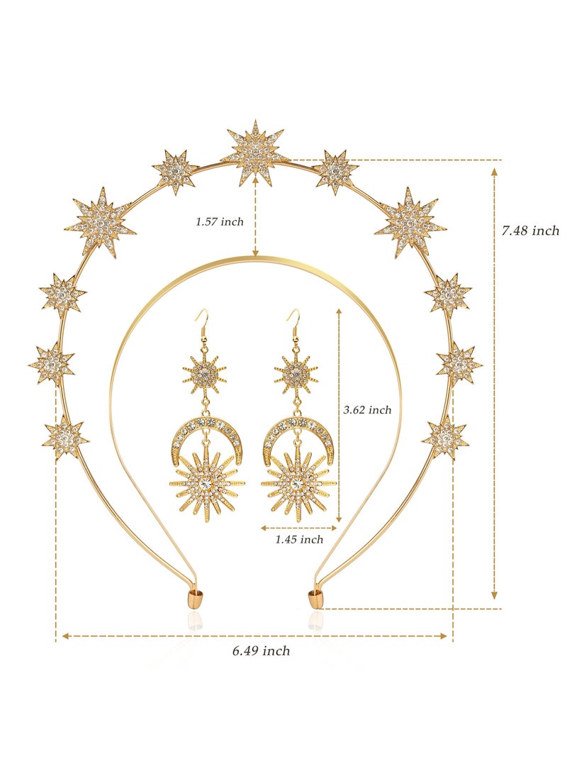 Loquat Moon Stars Crown Halo Headband Crystal Tiaras and Crowns With Earrings for Women Bridal Wedding Prom Birthday Cosplay Hair Accessories for Women Girls - Image 4