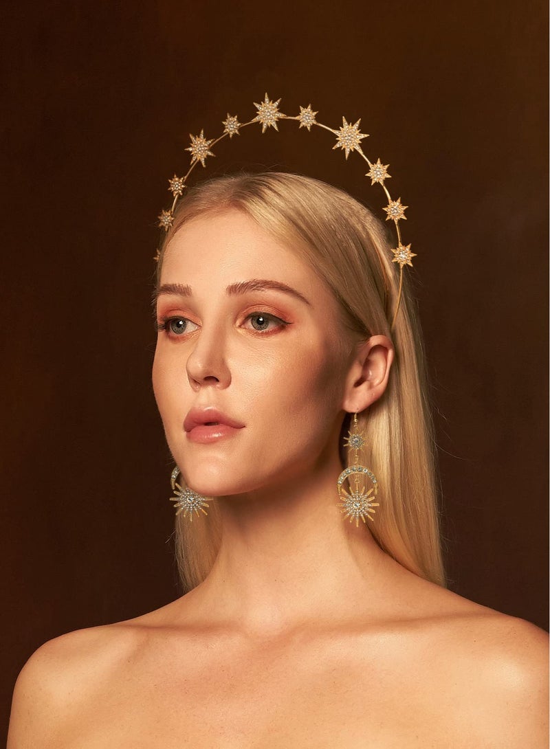 Loquat Moon Stars Crown Halo Headband Crystal Tiaras and Crowns With Earrings for Women Bridal Wedding Prom Birthday Cosplay Hair Accessories for Women Girls - Image 3