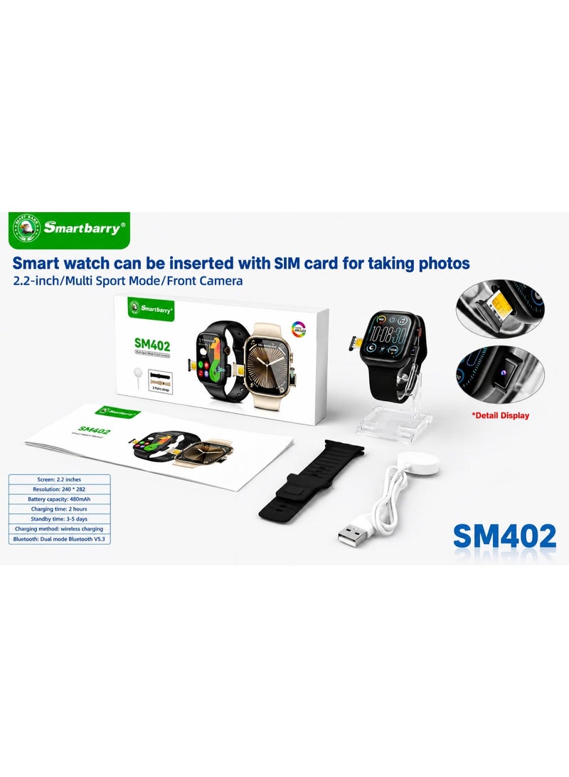 Smartberry SM402 Smart Watch 2.2 Inch HD Display SIM Card Slot Front Camera Bluetooth 5.3 Wireless Charging Dual Straps 480mAh Battery Multi Sport Modes Android Compatible Smartwatch Black - Image 5
