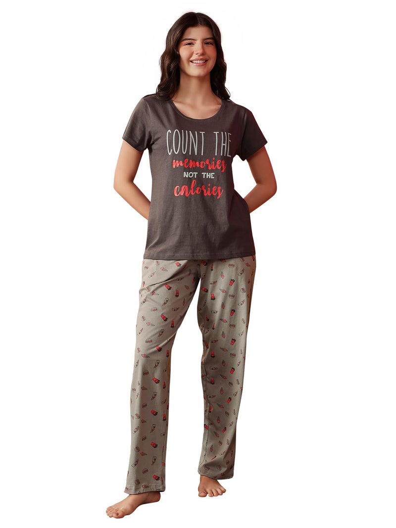 Clovia Women's Cotton Printed Top & Pyjama Set (LS0413D05_Grey_L) - Image 1
