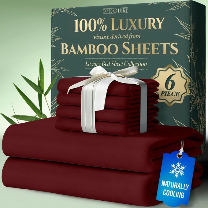 100 VISCOSE DERIVED FROM BAMBOO SHEETS QUEEN SIZE 6PCS ULTRA SOFT LUXURIOUSLY COOLING 17 DEEP POCKET DOUBLE STITCHING PERFECT FOR HOT SLEEPERS QUEEN BED SHEETS BURGUNDY