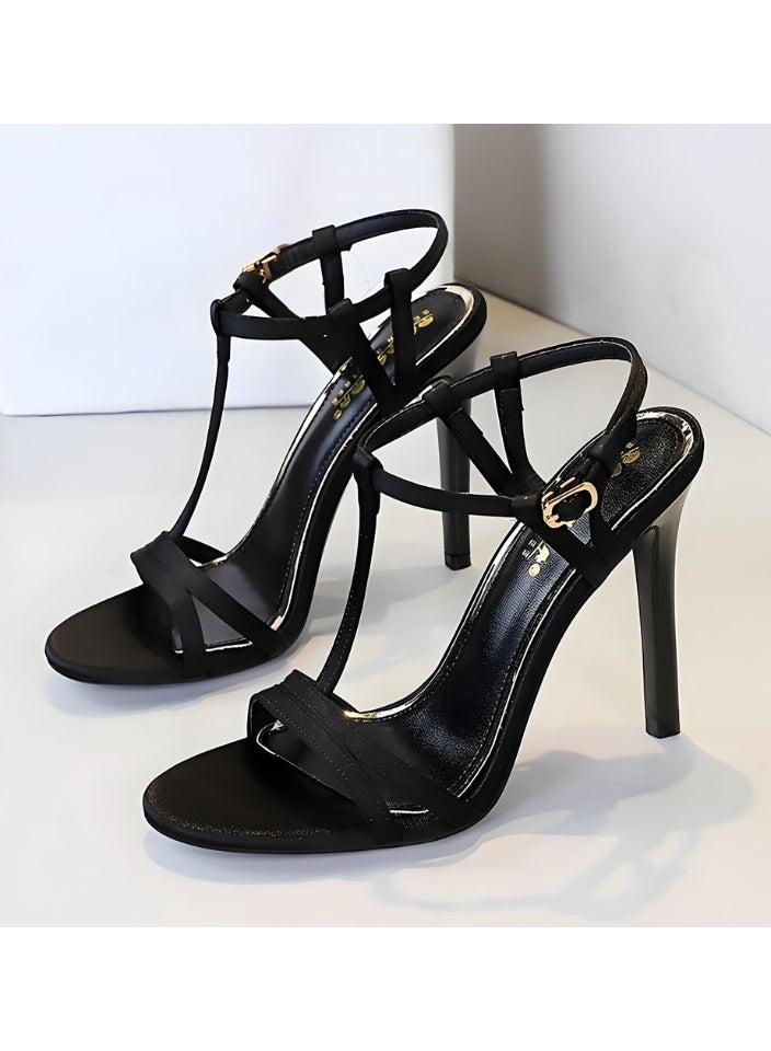 BIGTREE Women's Strappy High Heeled Sandals Open Toe Ankle Strap heels Comfy Pumps  Black 11CM