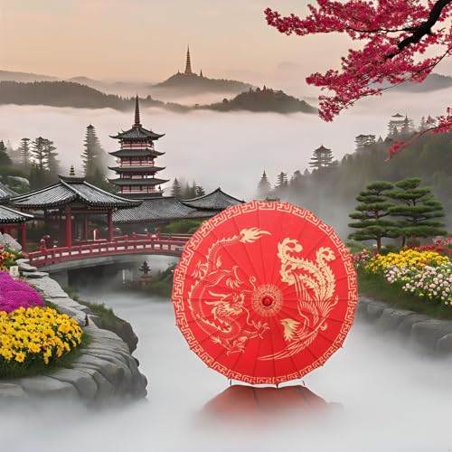 Bestage 32" Chinese Japanese Handmade Cloth Parasol Umbrella,Red Dragon Phoenix Decoration Art Dance Classical Umbrella for Wedding Parties Photography Costumes Cosplay（1 PCS - Image 2