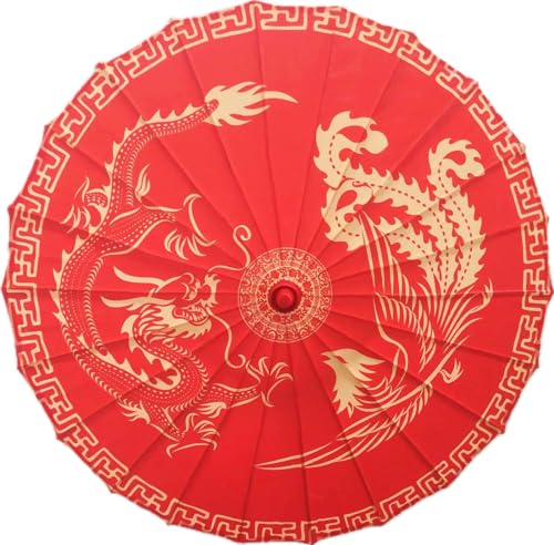 Bestage 32" Chinese Japanese Handmade Cloth Parasol Umbrella,Red Dragon Phoenix Decoration Art Dance Classical Umbrella for Wedding Parties Photography Costumes Cosplay（1 PCS - Image 1