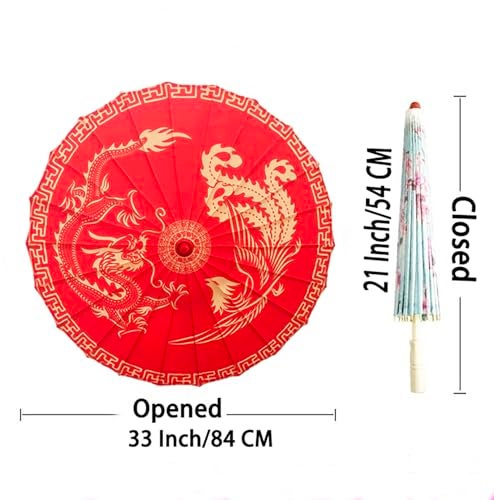 Bestage 32" Chinese Japanese Handmade Cloth Parasol Umbrella,Red Dragon Phoenix Decoration Art Dance Classical Umbrella for Wedding Parties Photography Costumes Cosplay（1 PCS - Image 3