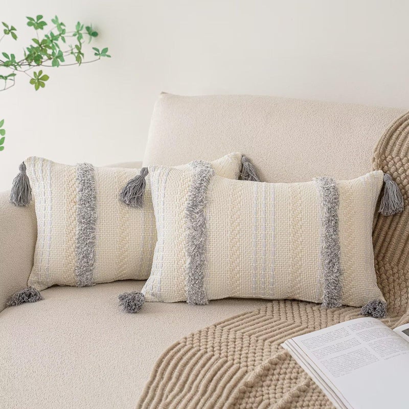 BUIOVBEY Boho Throw Pillow Covers 12x20 Set of 2 Woven Tufted Farmhouse Pillows Cover with Tassels Textured Striped Cushion Case Lumbar Pillow Cases Decorative Pillowcase for Couch  Bed  Light Grey - Image 1