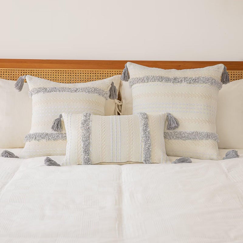 BUIOVBEY Boho Throw Pillow Covers 12x20 Set of 2 Woven Tufted Farmhouse Pillows Cover with Tassels Textured Striped Cushion Case Lumbar Pillow Cases Decorative Pillowcase for Couch  Bed  Light Grey - Image 5