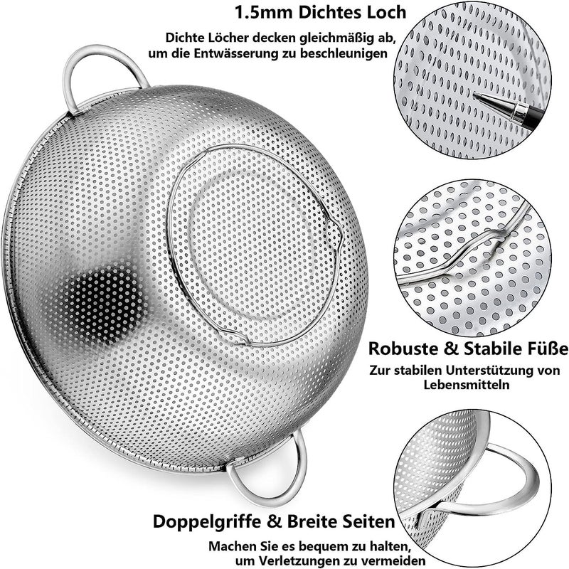FEELING MALL tainless Steel Colander Set of 3 Micro-Perforated - Professional Strainer with Heavy Duty Handles and Self-draining Solid Ring Base - Dishwasher Safe - Image 5