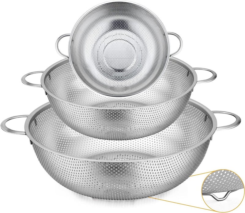 FEELING MALL tainless Steel Colander Set of 3 Micro-Perforated - Professional Strainer with Heavy Duty Handles and Self-draining Solid Ring Base - Dishwasher Safe - Image 1