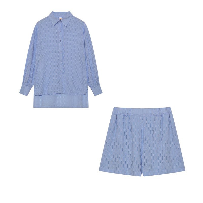 2022 Autumn Ladies Embroidered Puff Sleeve Shirt Shorts Set Sky Blue