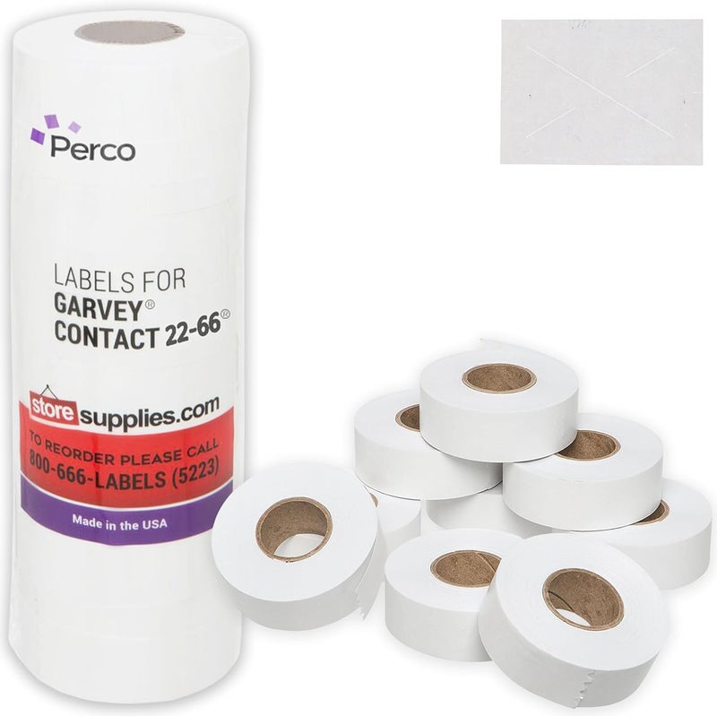 Perco White Garvey 2216 Pricing Labels for Garvey 22-66/22-77/22-88 Two Line Pricing Gun - 9 Rolls, 1 Sleeve - 9,000 Pricemarking Labels and 1 Inker Included - Image 1
