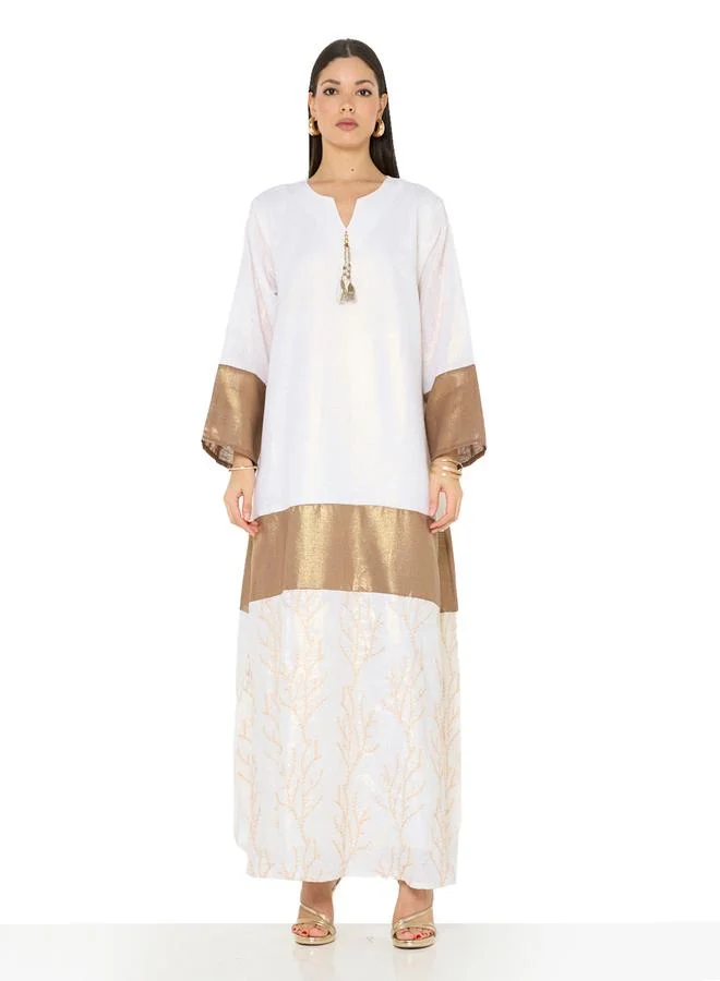 Thouq Off-White A-Line Maxi Jalabiya with Metallic Gold Panels