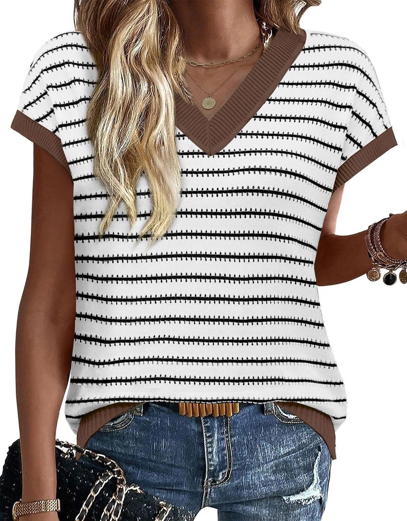 WIHOLL Sweater Vest Women Spring Tops 2026 Short Sleeve Knit Sweaters Lightweight Summer Fashion Cap Sleeve V Neck Casual Beach Vacation Clothes Travel Work Business Outfits Coffee Striped S - Image 1