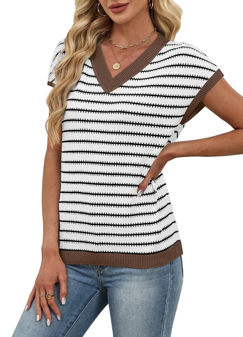 WIHOLL Sweater Vest Women Spring Tops 2026 Short Sleeve Knit Sweaters Lightweight Summer Fashion Cap Sleeve V Neck Casual Beach Vacation Clothes Travel Work Business Outfits Coffee Striped S - Image 3