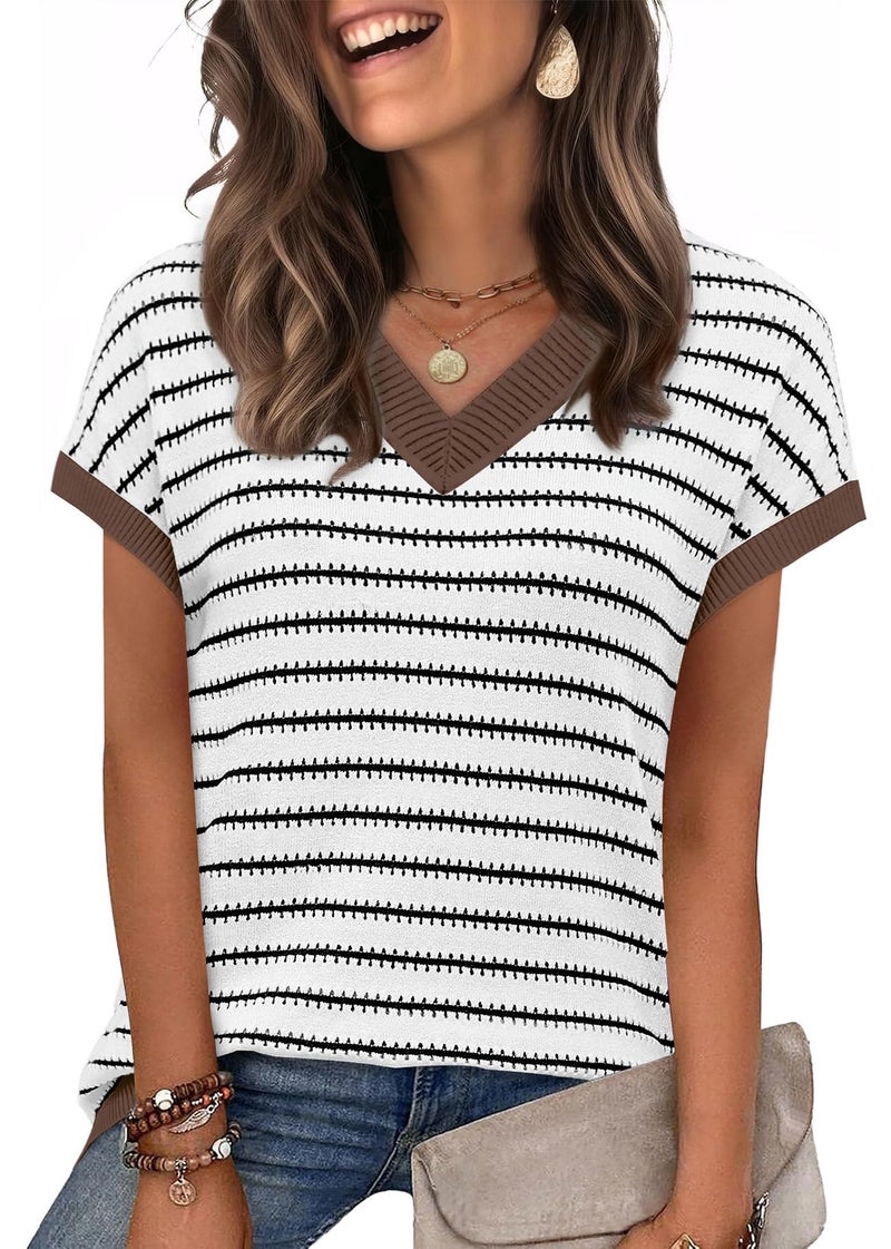 WIHOLL Sweater Vest Women Spring Tops 2026 Short Sleeve Knit Sweaters Lightweight Summer Fashion Cap Sleeve V Neck Casual Beach Vacation Clothes Travel Work Business Outfits Coffee Striped S - Image 2