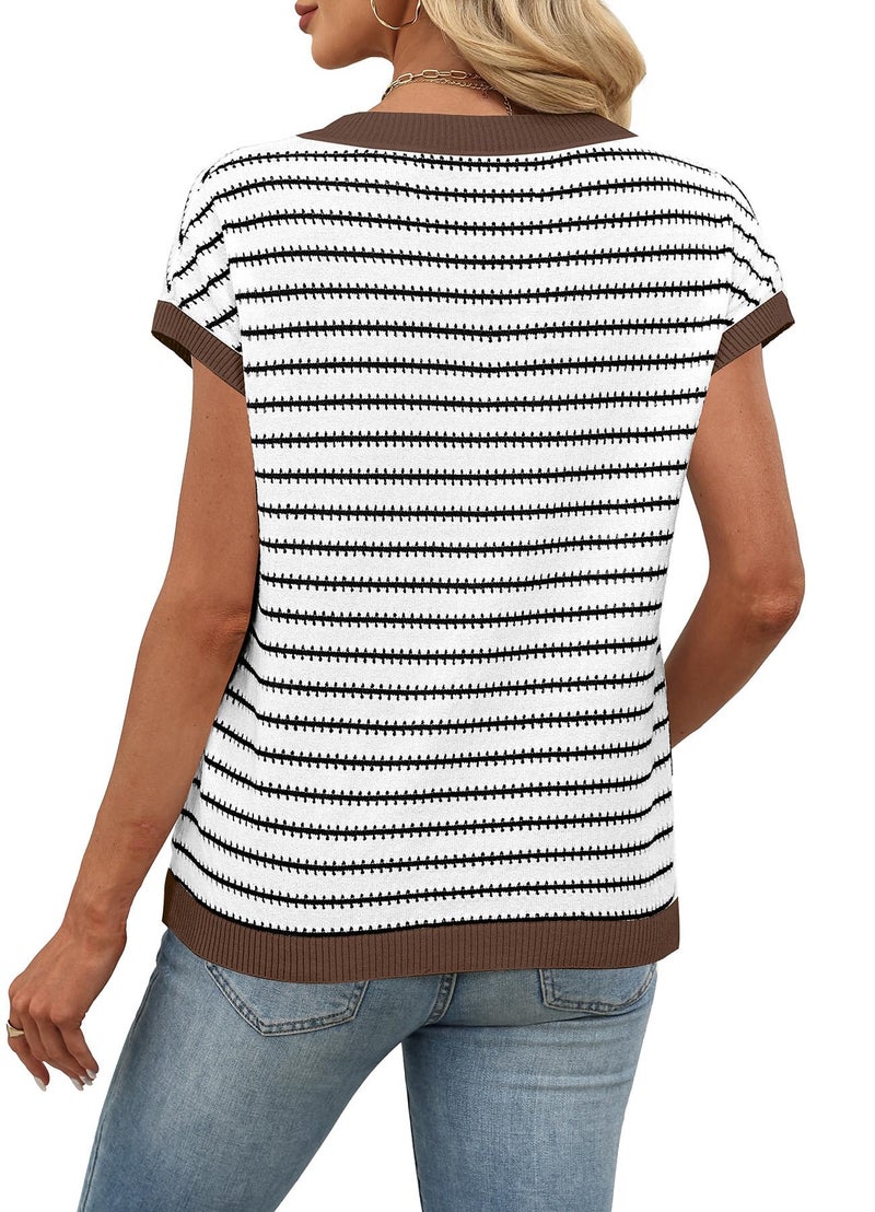 WIHOLL Sweater Vest Women Spring Tops 2026 Short Sleeve Knit Sweaters Lightweight Summer Fashion Cap Sleeve V Neck Casual Beach Vacation Clothes Travel Work Business Outfits Coffee Striped S - Image 5