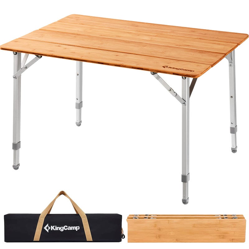 KingCamp Adjustable Height Folding Table, 4-Fold Bamboo Camping Outdoor Portable RV Camp Table with Carry Bag for Outdoor Car Backyard Picnic Tailgating Beach - Image 1
