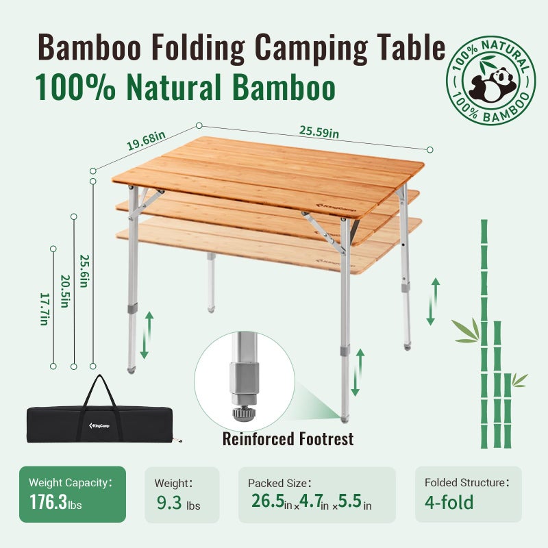 KingCamp Adjustable Height Folding Table, 4-Fold Bamboo Camping Outdoor Portable RV Camp Table with Carry Bag for Outdoor Car Backyard Picnic Tailgating Beach - Image 2