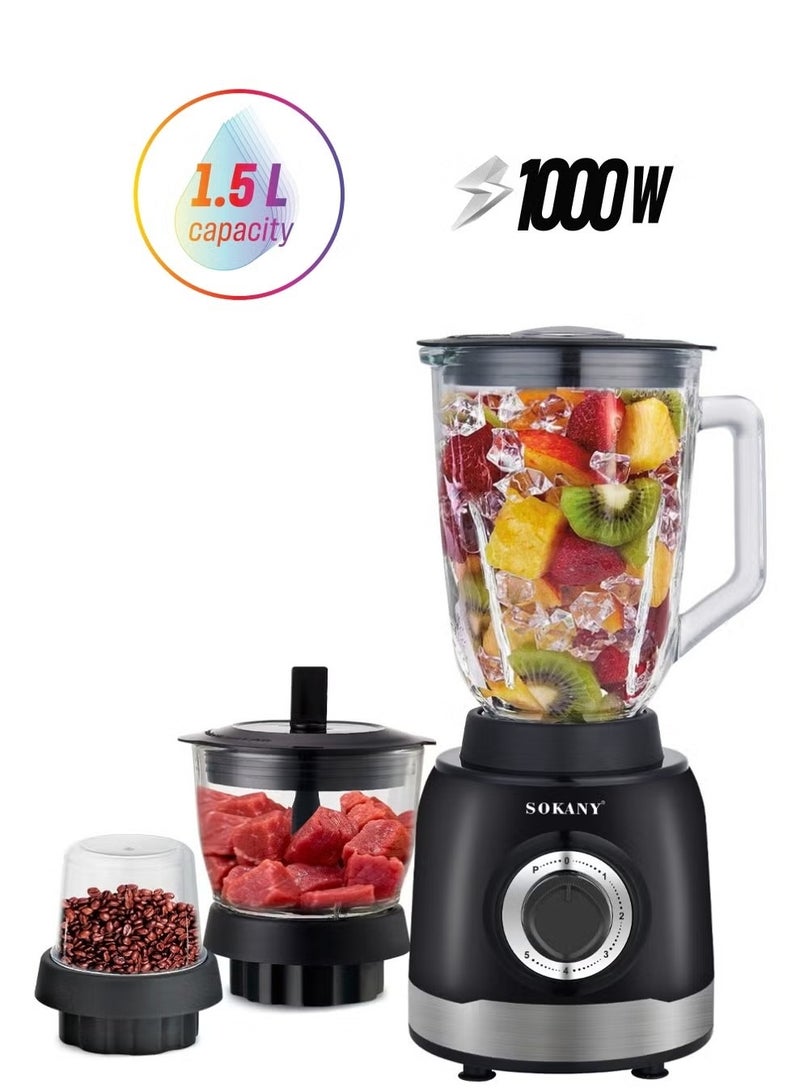 sokany 3-In-1 Juicer Blender, 1.5 Litre, 1000W Multi-Function High Speed Blender Ice Crusher with Mixer Grinder and Chopper Black - Image 1