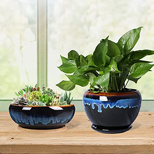 SQOWL 7 Inch Round Ceramic Succulent Planter Pot Drip Glazed Shallow Planter with Drainage Bamboo Tray for Indoor Plants - Image 3