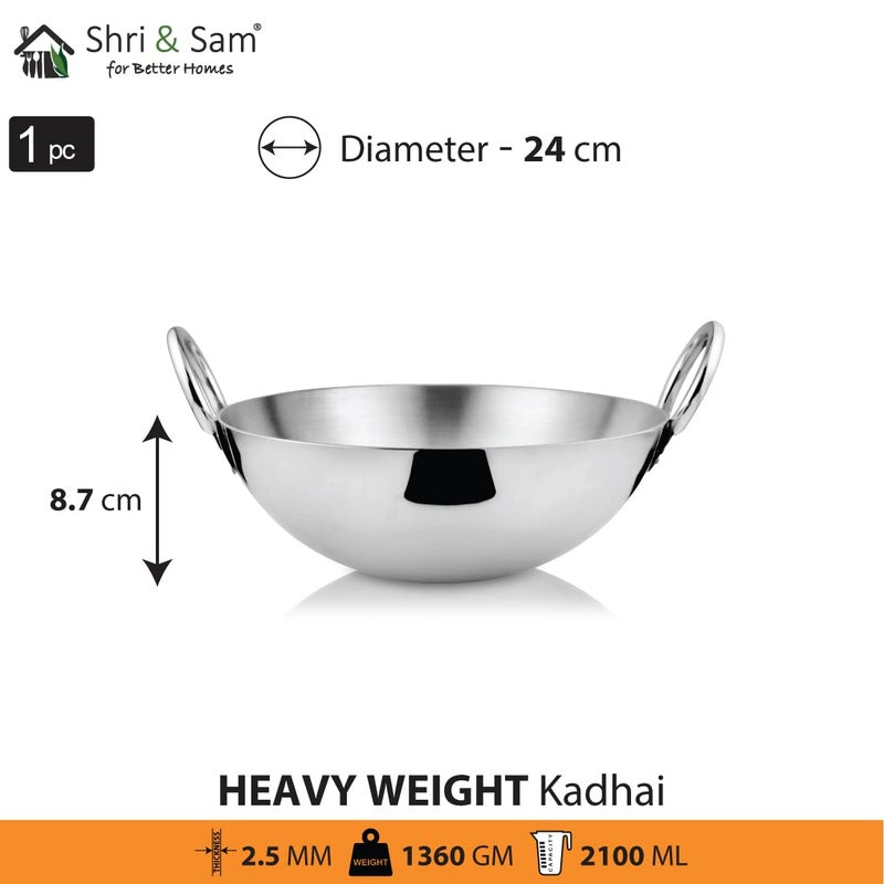 Shri & Sam Shri & Sam Stainless Steel Heavy Weight Kadhai, 2.5 mm (Plain, 24cm 2.1 Litre)  - Image 2