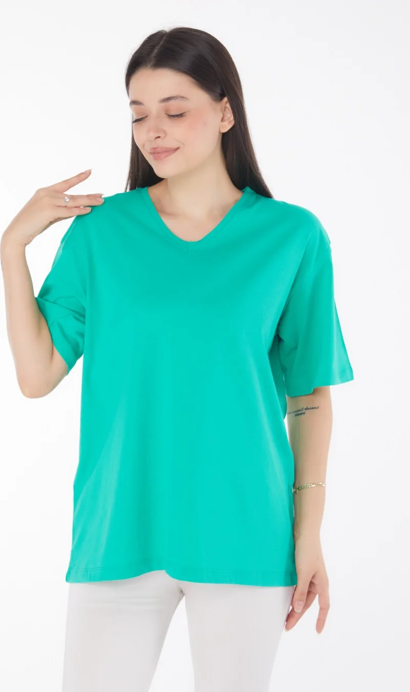 Tofisa Plain Navy Collar Women's Green V Neck T-Shirt - 25767