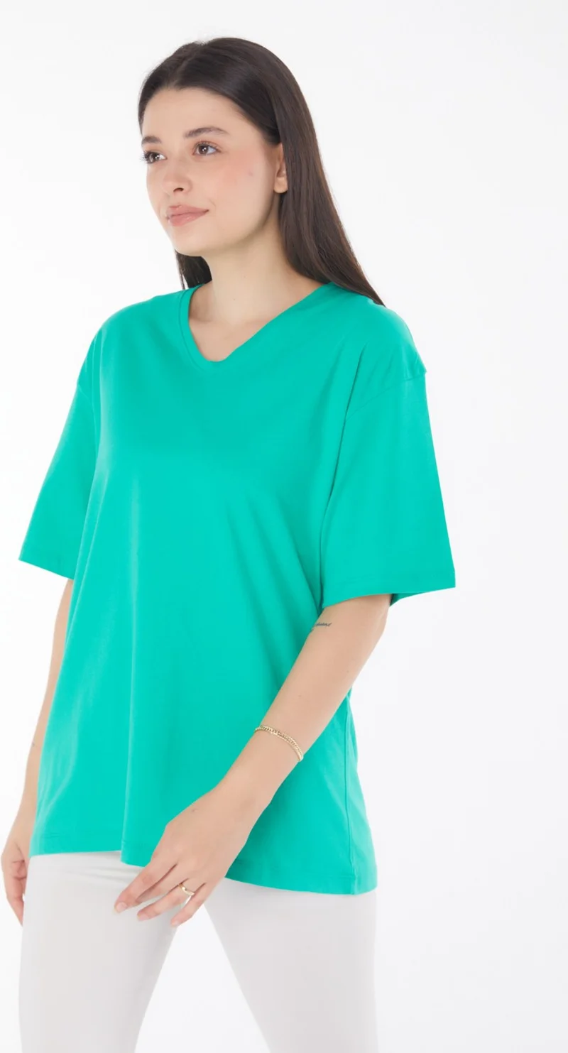 Tofisa Plain Navy Collar Women's Green V Neck T-Shirt - 25767