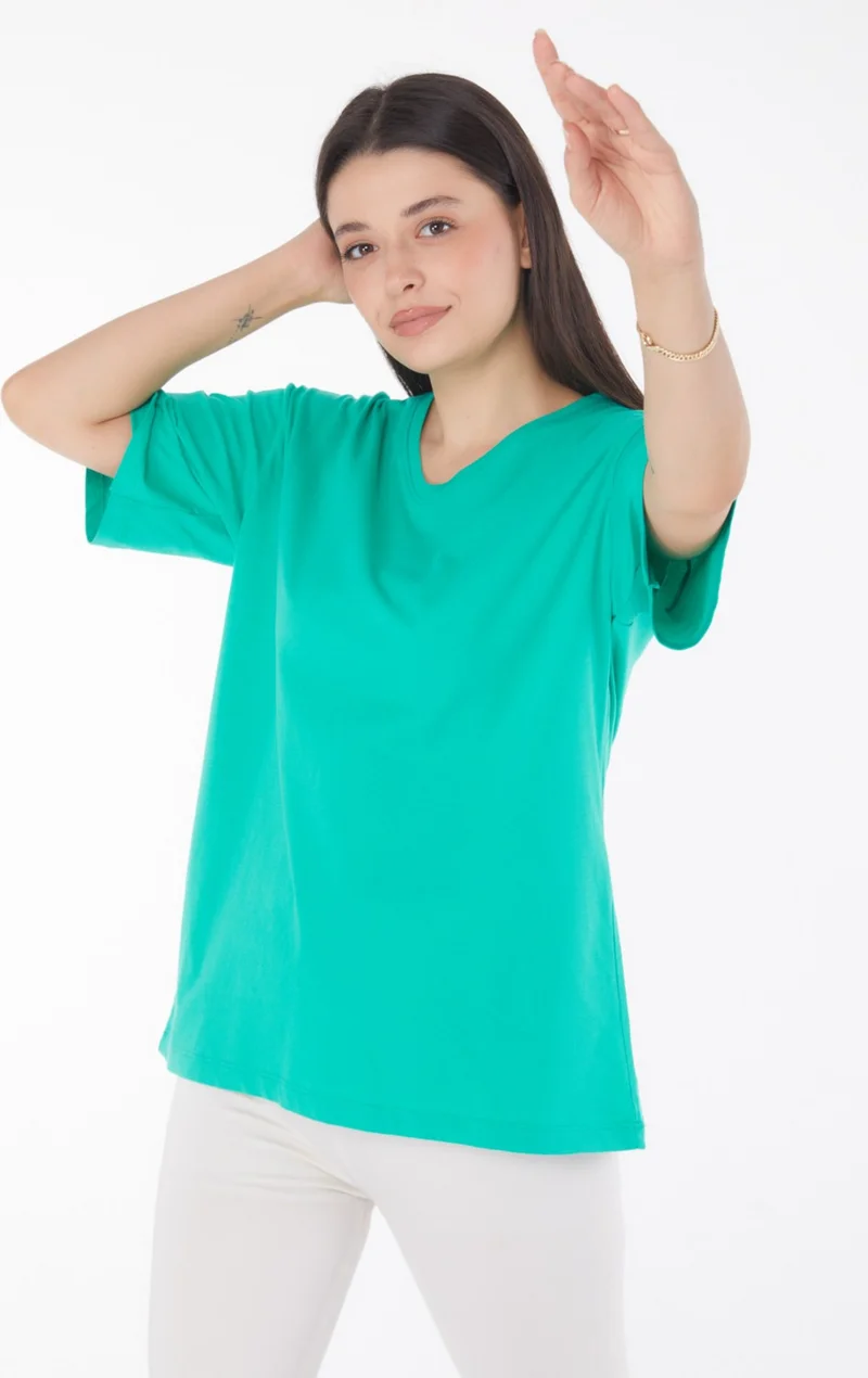 Tofisa Plain Navy Collar Women's Green V Neck T-Shirt - 25767