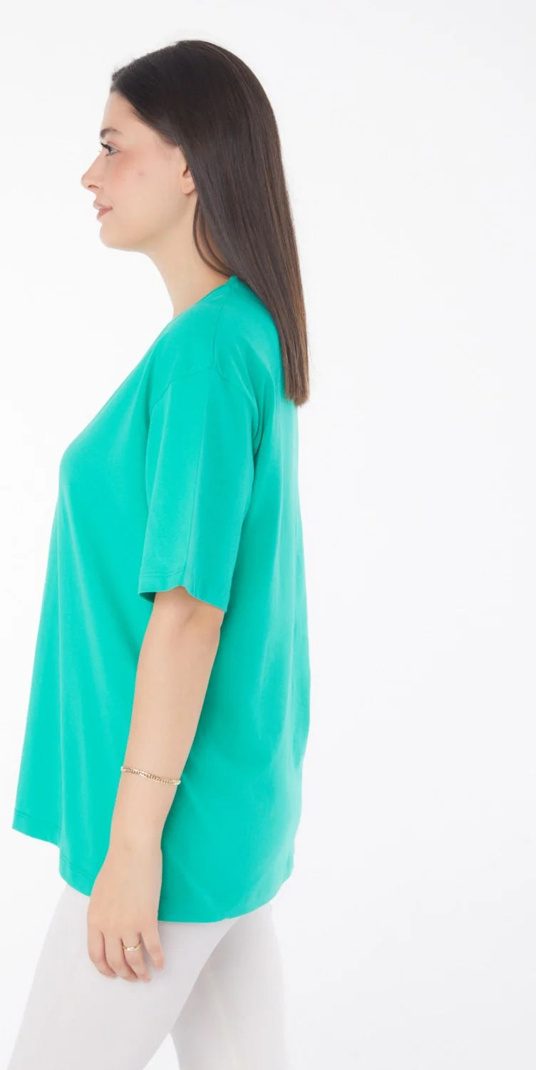 Tofisa Plain Navy Collar Women's Green V Neck T-Shirt - 25767