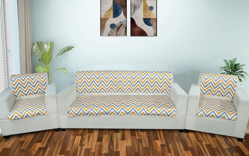 AMAZE ATTIRES Velvet Printed Sofa Seat Cover for 5 Seater with Heavy Antiskid Backing & Machine Washable Sofa Seat Runner for Couch - (27x24 Inches - 4 Pieces, 27x72 Inches - 2 Piece) Yellow Zigzag - Image 1