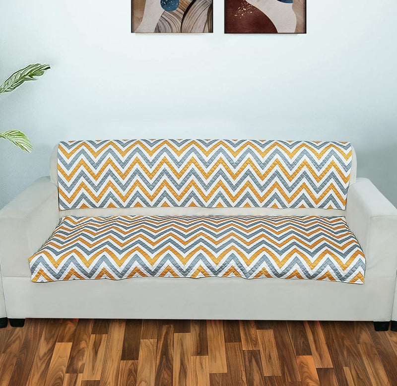 AMAZE ATTIRES Velvet Printed Sofa Seat Cover for 5 Seater with Heavy Antiskid Backing & Machine Washable Sofa Seat Runner for Couch - (27x24 Inches - 4 Pieces, 27x72 Inches - 2 Piece) Yellow Zigzag - Image 2